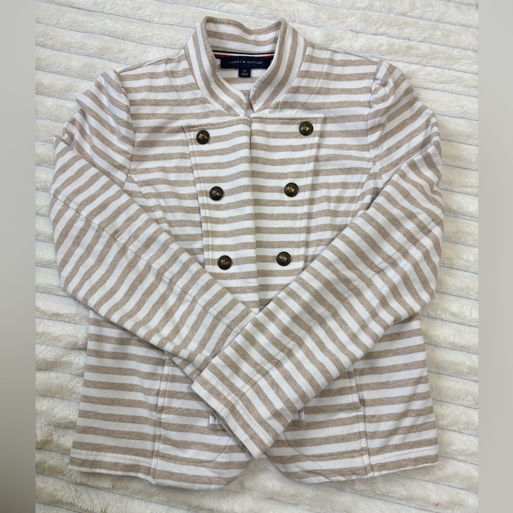Tommy Hilfiger women’s striped jersey knit preppy military band jacket blazer, S
